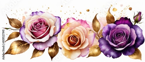 rose petals on white background with copy space for text. Golden alcohol ink watercolor floral bloom banner for Mother’s Day or mauve wedding stationery