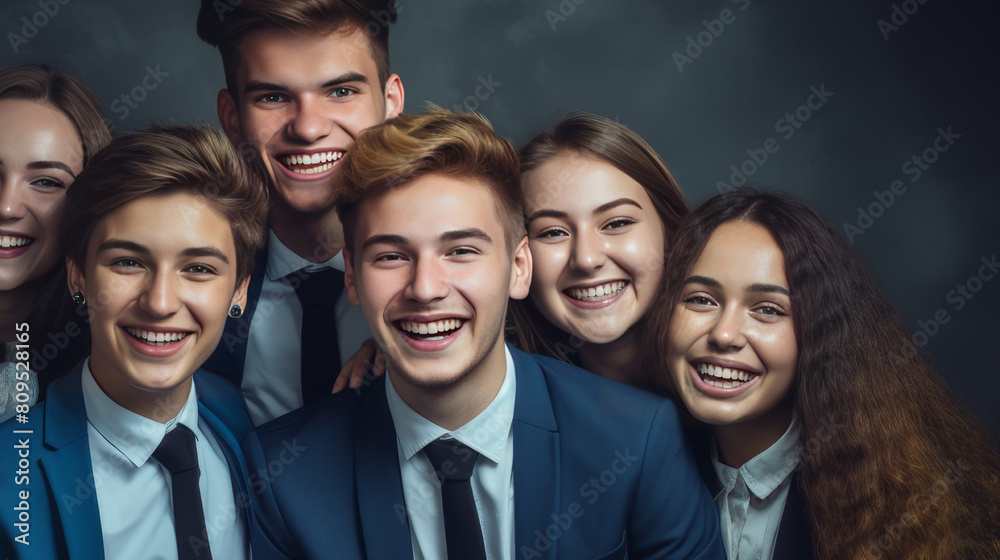 A group of multiracial young people, boys and girls, students of an educational institution smiling. A group of multiracial young people, boys and girls, students of an educational institution smiling.