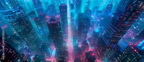 A digital painting of a cyberpunk city at night. The city is full of tall buildings, neon lights, and flying cars. The sky is dark and there are clouds. photo