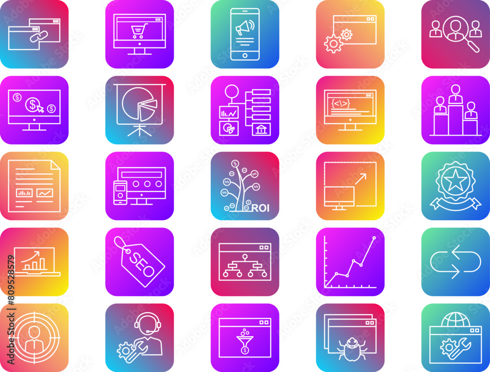 SEO Search Engine Optimization Line RC BG Icon pictogram symbol visual illustration Set SEO Search Engine Optimization Line RC BG Icon pictogram symbol visual illustration Set
