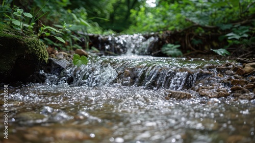 Small waterfall in the woods. Selective focus. Shallow depth of field