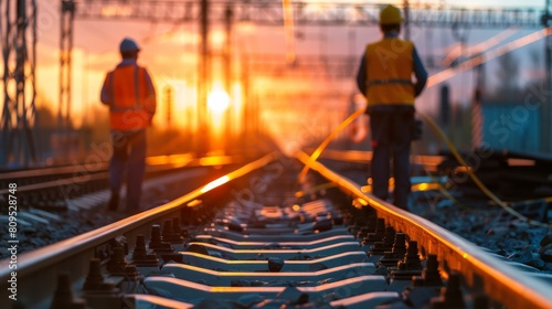 Railway workers on the tracks at sunset.