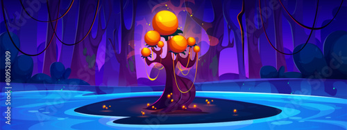 Dark night forest with lake and magic fantasy neon glowing yellow and orange tree and flowers on island. Cartoon vector illustration of fantastic enchanted garden with bizarre alien luminous plant.