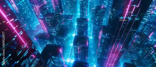 AFu Kan Tu of a futuristic city with blue and pink neon lights. photo