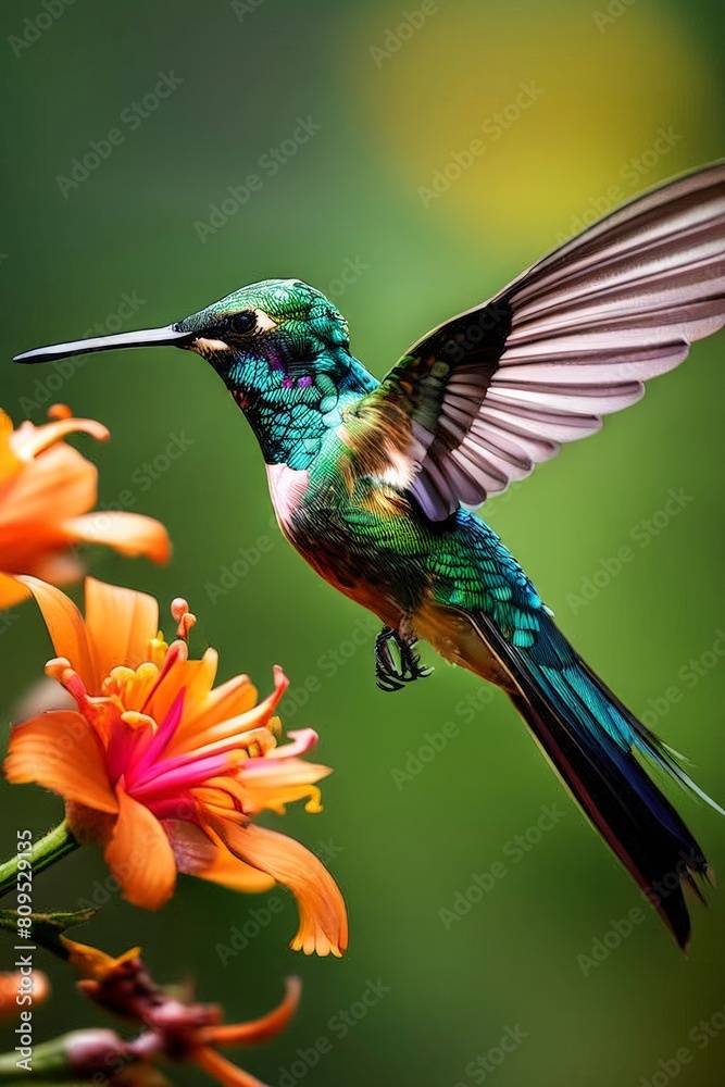 Delicate ballet of a hummingbird as it hovers and then gracefully lands on a slender branch
