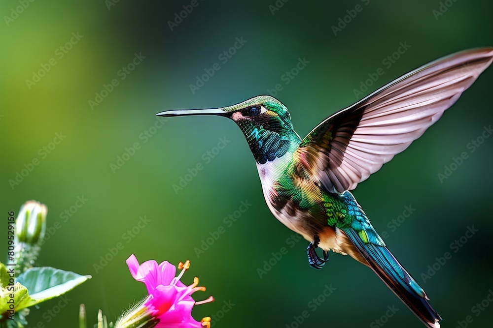 Fototapeta premium Delicate ballet of a hummingbird as it hovers and then gracefully lands on a slender branch