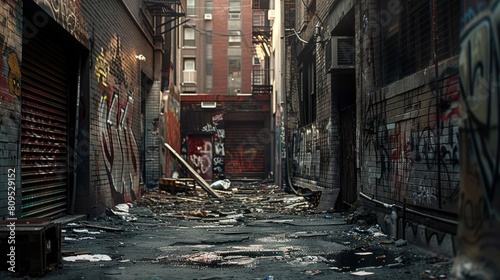 Fototapeta Naklejka Na Ścianę i Meble -  dark dirty alleyway with broken windows graffitti