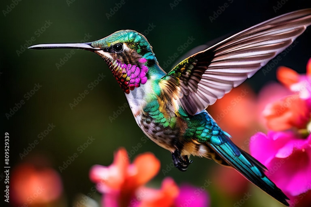 Fototapeta premium Delicate ballet of a hummingbird as it hovers and then gracefully lands on a slender branch