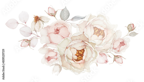 Floral arrangement with delicate watercolor roses for creating cards and invitations photo