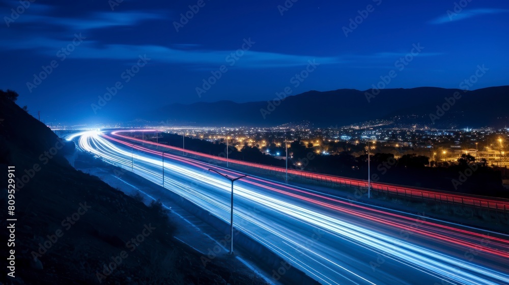 Obraz premium Car light trails on the road at night. Long exposure