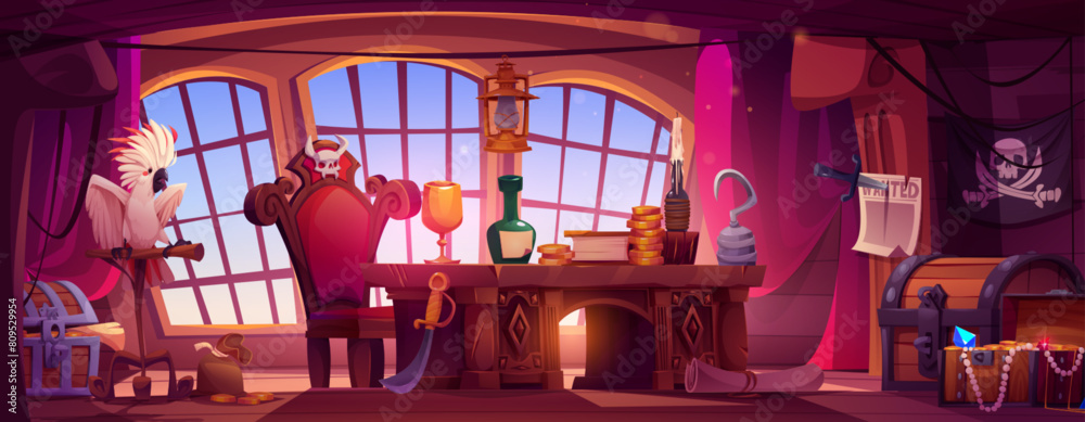Pirate ship cabin interior. Old boat room and treasure. Captain wood ...