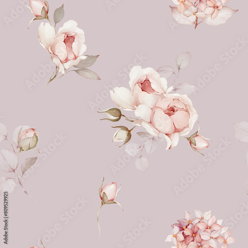 Seamless pattern with bouquets of flowers. Spring roses in watercolor style photo