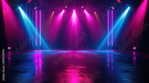 a large, empty room for a concert with colorful neon lights.