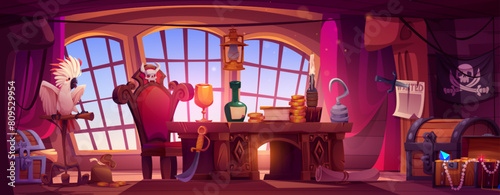 Pirate ship cabin interior. Old boat room and treasure. Captain wood table, rum bottle, parrot and black skull flag inside sailboat near window. Buccaneer furniture for adventure game environment