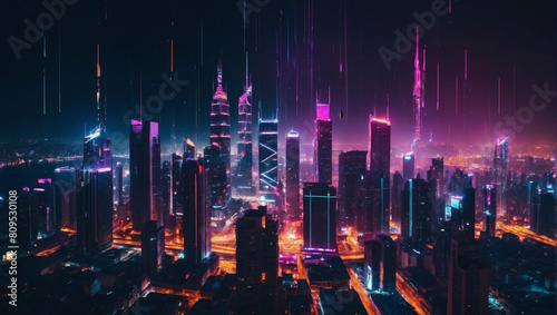 Digital Dreamscape  Glitch Effect Nighttime Bathes Cyberpunk City in Surreal Splendor  Encompassing Skyscrapers  Flying Cars  and Neon Brilliance.