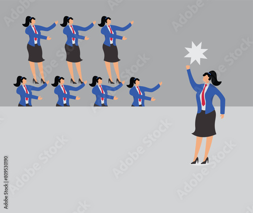 Motivating employees or team members, communicating important information, coaching or encouraging the team to achieve success, the manager standing in front of a group of businesswomen waving his fis