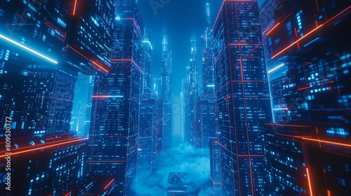 A digital city with blue and red lights