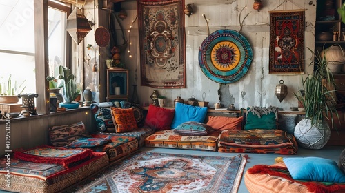 Imagine a bohemian-style lounge area with floor cushions, tapestry wall hangings, and eclectic artwork.