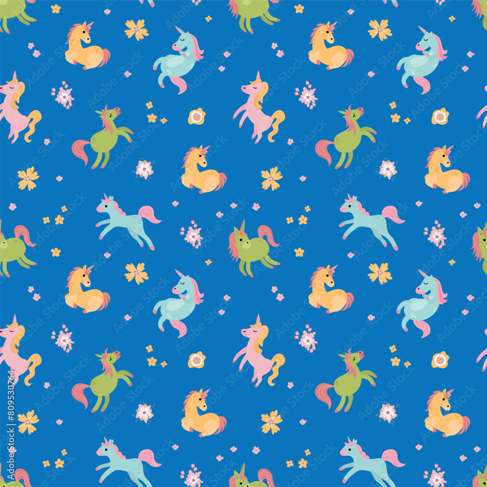 Seamless pattern with cute unicorns. A mythological and magical creature. Design for fabric, textiles, wallpaper, packaging.
Seamless pattern with cute unicorns. A mythological and magical creature. Design for fabric, textiles, wallpaper, packaging.