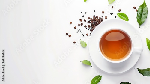 White background with a cup of tea, coffee beans and tea leaves photo