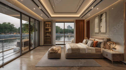 Luxurious modern bedroom with panoramic river view and elegant decor
