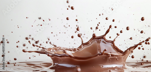 Chocolate milk droplets suspended in midair, producing a captivating splash captured in a moment
