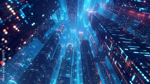 A digital city with blue and red lights.