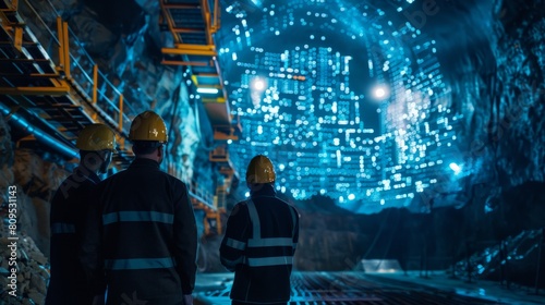 Miners looking at a giant digital screen in a futuristic mine photo