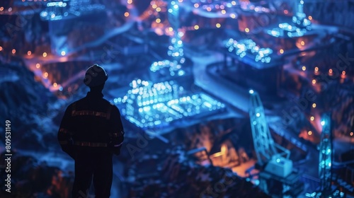 An engineer looking out at a futuristic mine