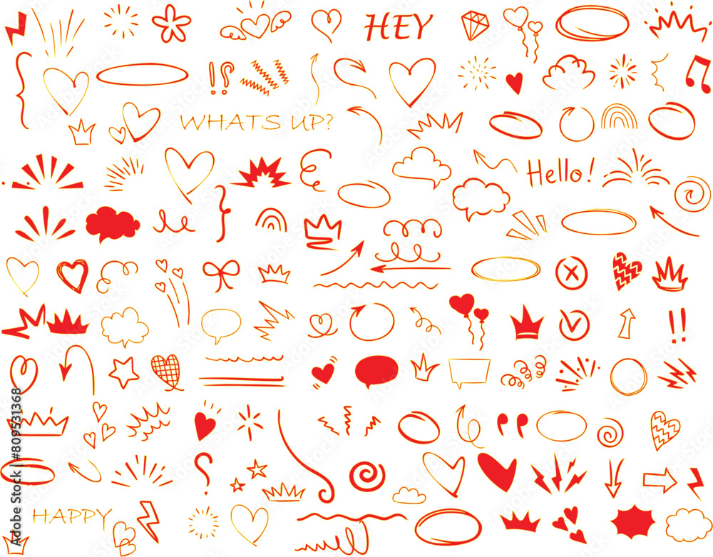 Naklejka premium Hand drawn doodles, hearts, stars, love symbols, Valentine’s Day elements, romantic designs, cheerful, happiness, flowers, arrows, swirls, crowns, smiley faces, greetings, waves, lines, circles, cloud