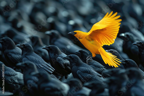 A yellow crown among a flock of black crown, raising head as a leader. Being different and unique with its own identity and special skills among the others