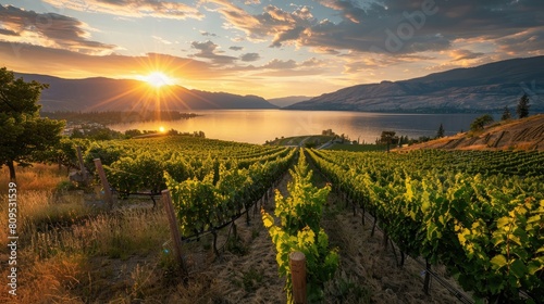 Sunset at Okanagan Lake near Penticton with a vineyard in the foreground photo