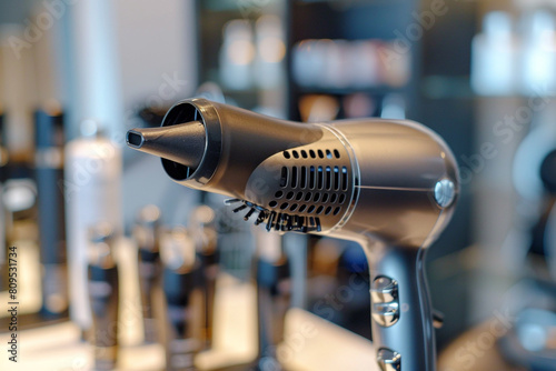 A hair dryer with a concentrator nozzle and diffuser attachment, providing versatility for various styling needs. photo