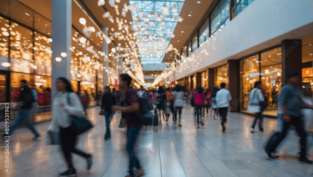 Dynamic Shopping Scene, Blurred Images Capture People in Motion at a Modern Mall with Vibrant Lights.