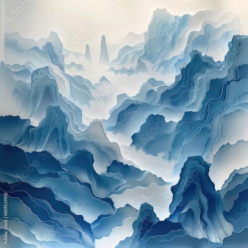 Landscape banner layers of paper blue mountains mist papercraft photo