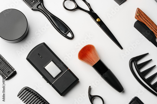 Pattern of various shaving and bauty care accessories for men on gray background photo