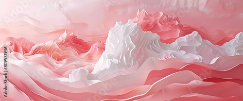 Landscape banner layers of pink mountains amidst flowing paper papercraft