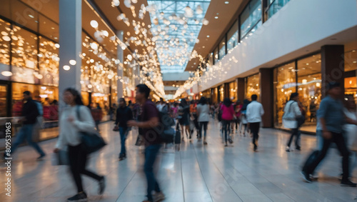 Dynamic Shopping Scene, Blurred Images Capture People in Motion at a Modern Mall with Vibrant Lights.