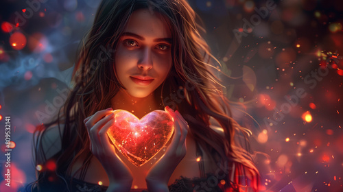 A beautiful woman with long wavy hair holds a huge sparkling heart in her hands, concept of love photo