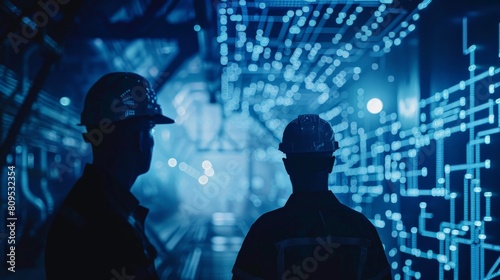 Two figures in hard hats looking at a futuristic digital interface