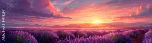 A picturesque watercolor scene of a glowing sunset behind the tranquil expanse of lavender fields AI Generate