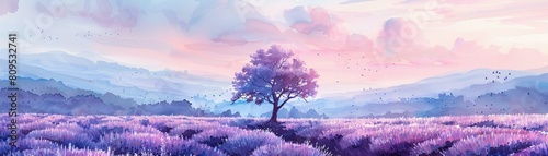 The soothing allure of calming rhythms in a watercolor scene, surrounded by lavender fields AI Generate photo