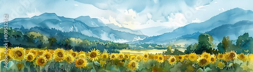 Watercolor strokes illustrate calming rhythms in a scene of lush mountains and a sprawling sunflower field AI Generate photo