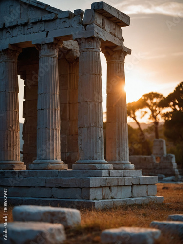 Dusk at the Temple, Serene Landscape Featuring Ancient Greek Ruins and Doric Columns