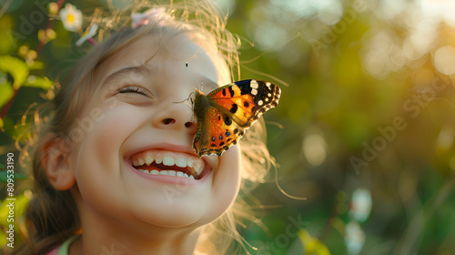 butterfly on a face of little child ,generative ai