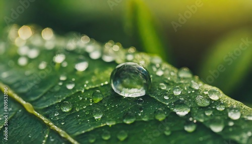 Wallpaper Mural Large beautiful drops of transparent rain water on a green leaf macro. Drops of dew in the morning glow in the sun. Beautiful leaf texture in nature Torontodigital.ca