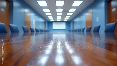 Focused view of a polished wooden table in a corporate boardroom