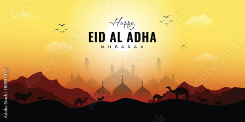 Bakrid eid al adha festival wishing or greeting banner design with mosque, sheep, moon, yellow background vector illustration photo