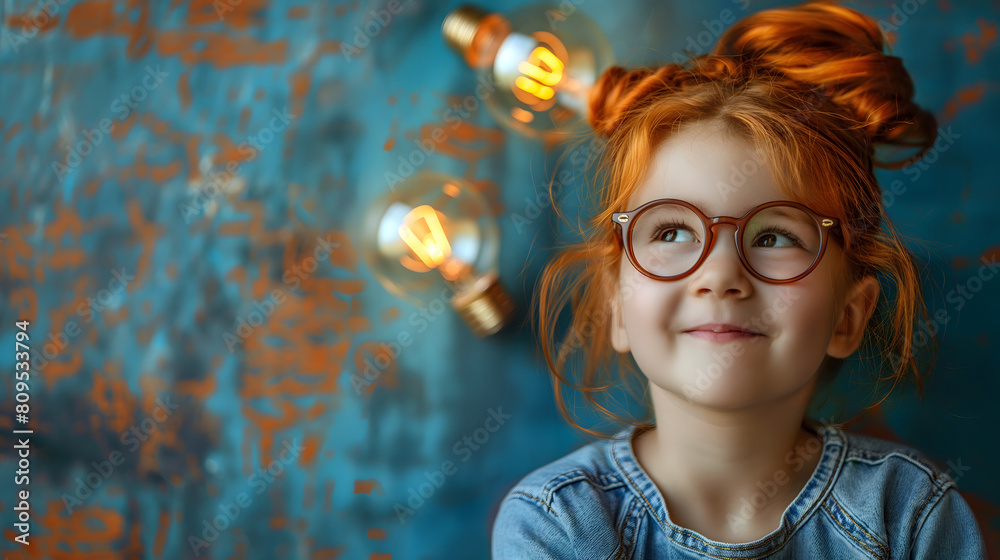 Young girl with red hair and glasses smiling among floating light bulbs Young girl with red hair and glasses smiling among floating light bulbs