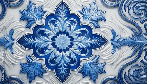 A patterned ceramic tile with a glossy finish, featuring a blue and white Moroccan design photo